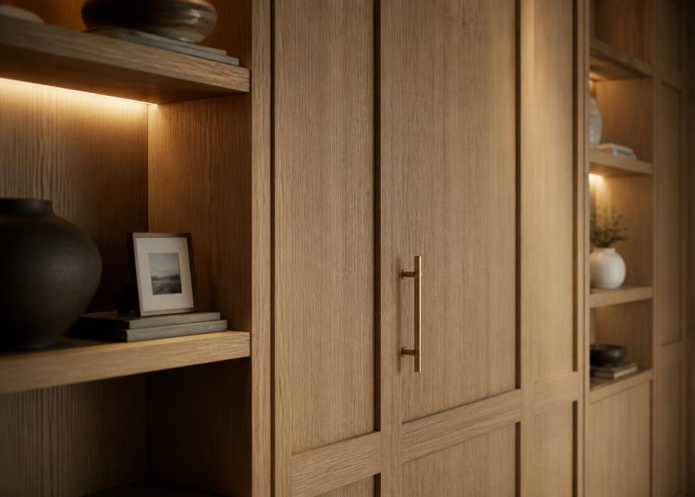Detail of custom white oak paneling and brass hardware