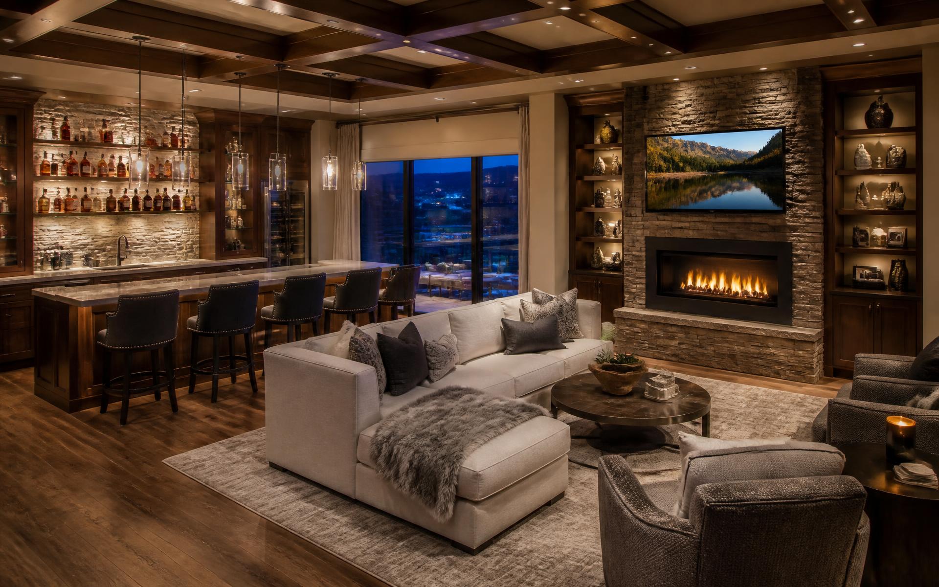 Custom finished basement with walnut wet bar and stone fireplace in a Colorado home